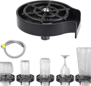 An automatic black glass rinser for sink featuring a high-pressure nozzle system, including a stainless steel hose and a demonstration of rinsing various glassware like wine glasses, mugs, and bottles.