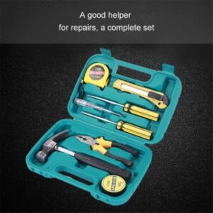 A complete 9-piece home repair tool kit in a teal carry case, including a hammer, pliers, screwdrivers, utility knife, PVC tape, and a measuring tape, organized for easy household repairs.