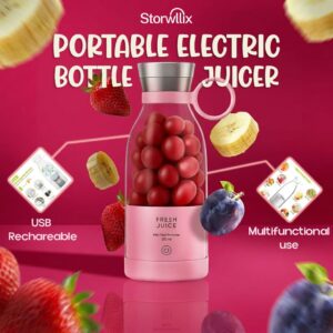 Portable juicer blender in Pakistan shaped like a transparent bottle blending fresh strawberry banana smoothie from a trusted store.