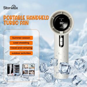 Foldable orange and white portable mini fan usb rechargeable showing its 180-degree tilting head design from a trusted store.
