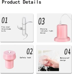 Product details infographic of an original mini food chopper in Pakistan showing its steel blades, safety lock, and charging indicator light.