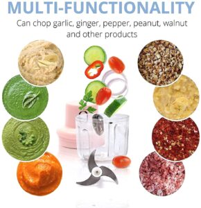 Multi-functional mini food chopper in Pakistan showing various ingredients like garlic, nuts, chili, and minced meat from an original product supplier.