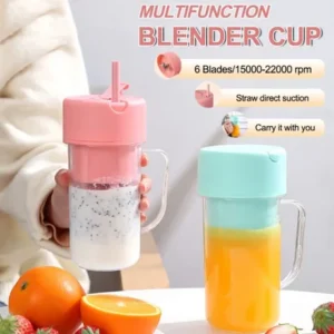 Infographic showcasing a multifunction portable blender bottle with straw in pink and mint green variants with a built-in straw.