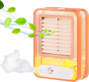 Orange portable air cooler in Pakistan blowing cool air and nano mist spray from a trusted store.