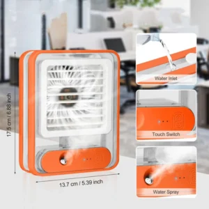 Height and width dimensions of the portable air cooler in Pakistan with water inlet and spray features from a trusted store.