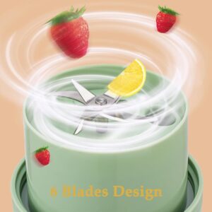 Close-up of the 6-blade design inside a mint green portable blender bottle with a spinning vortex effect of strawberries and lemon.