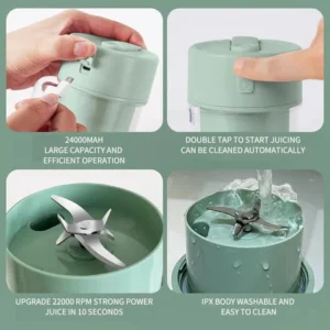 Four-panel feature grid displaying the charging, blending power, and washing capability of a mint green portable blender bottle.