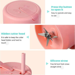 Three-panel technical feature breakdown of a pink portable blender bottle including hidden cutter head and silicone straw.