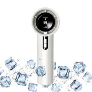 White high speed portable turbo fan with digital display for summer cooling.