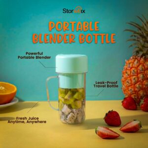 Storwllix mint green portable blender bottle with straw filled with fresh kiwi and dragon fruit cubes from a trusted store.