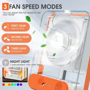 3 fan speed modes and 7 color auto-gradient night lights of the original portable air cooler in Pakistan.