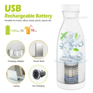 Original product portable juicer blender Pakistan showing large capacity USB rechargeable battery system with power bank compatibility.