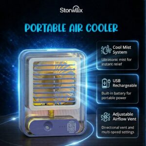 Compact white portable air cooler in Pakistan featuring dual mist spray nozzles and top water inlet tank from a trusted store.