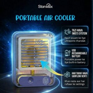 Compact white portable air cooler in Pakistan featuring dual mist spray nozzles and top water inlet tank from a trusted store.